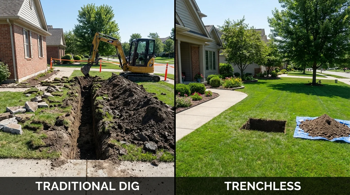 Trenchless sewer repair with minimal yard damage versus traditional excavation in Andover, OH